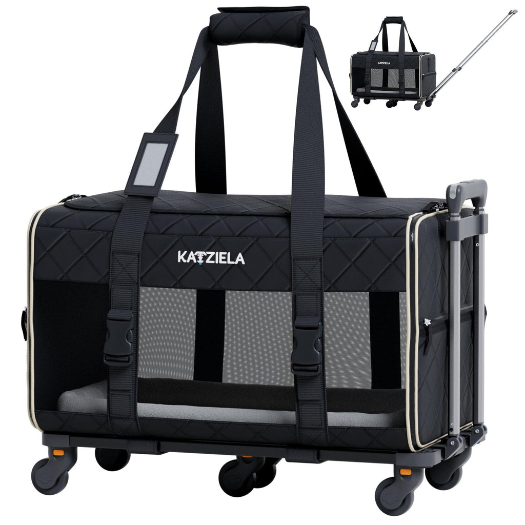 Katziela Quilted Chariot Pet Carrier With Removable Wheels and Telescopic Handle