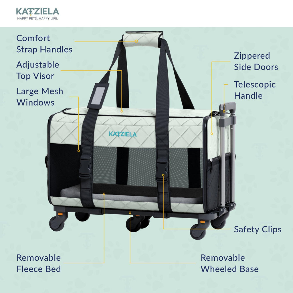 Katziela Quilted Chariot Pet Carrier With Removable Wheels and Telescopic Handle