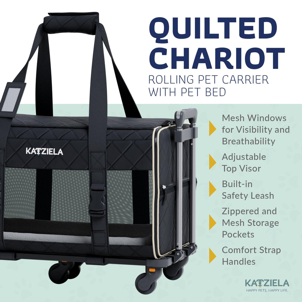 Katziela Quilted Chariot Pet Carrier With Removable Wheels and Telescopic Handle