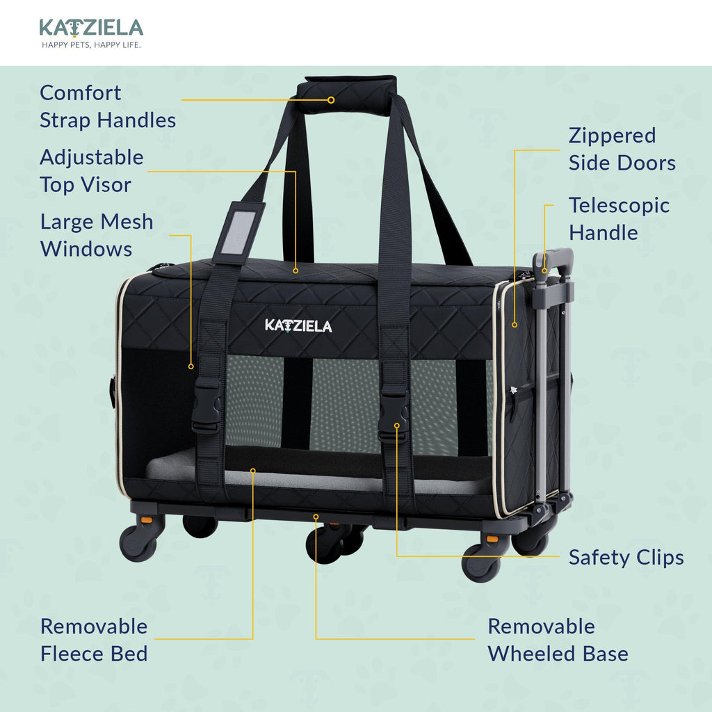 Katziela Quilted Chariot Pet Carrier With Removable Wheels and Telescopic Handle