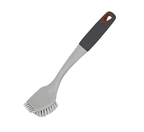 Scrub Brush with Scrubber Bristle Tip - Non-Slip Handle - Long Lasting Bristles - Odor Resistant - Dishwasher Safe - Cleaning, Pots, Pans, Dishes and Kitchen Sink - Gray and Sunset Orange