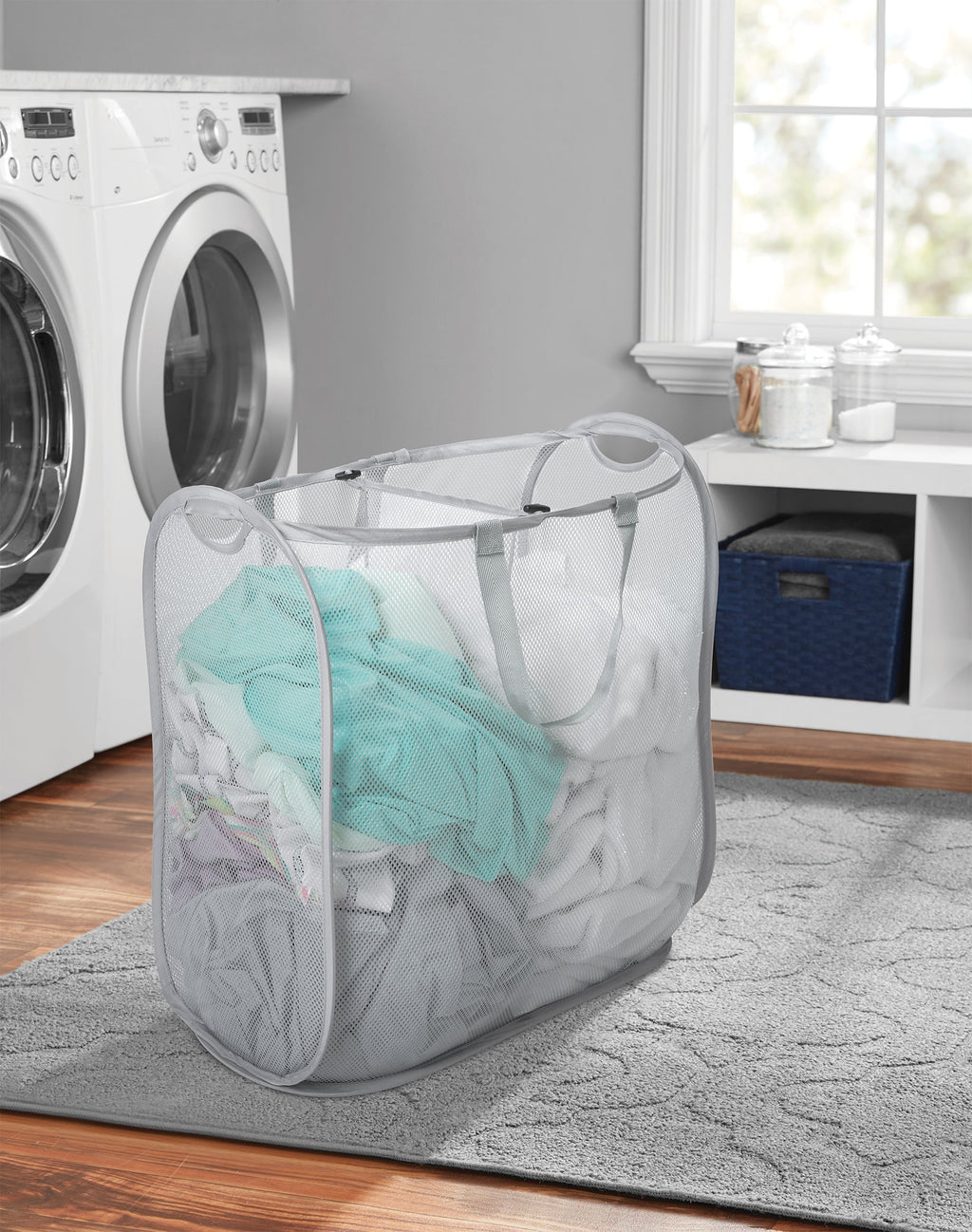 Slim Pop-Up Laundry Hamper with Center Divider & Portable Handles