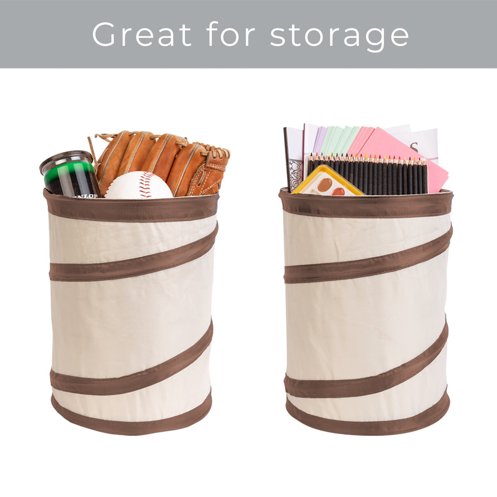 Spiral Pop Up Trash Bin with Open Top - Beige with Dark Brown Trim