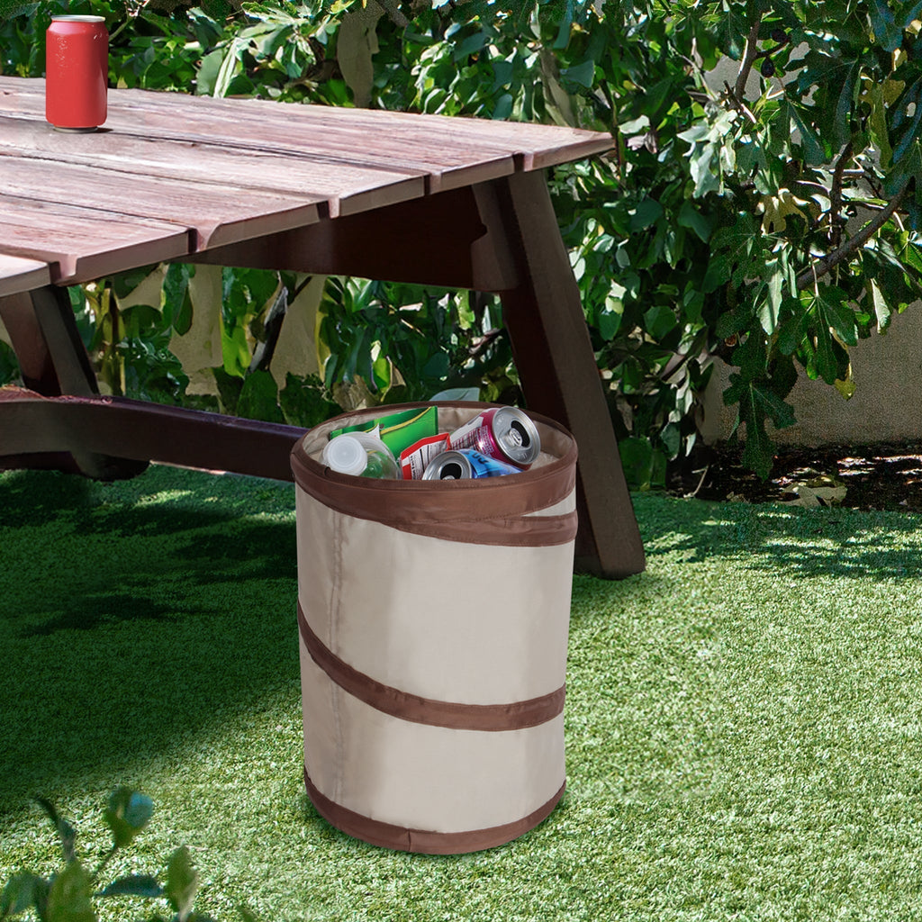 Spiral Pop Up Trash Bin with Open Top - Beige with Dark Brown Trim
