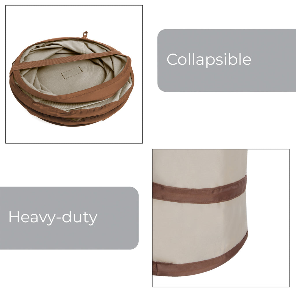 Spiral Pop Up Trash Bin with Open Top - Beige with Dark Brown Trim