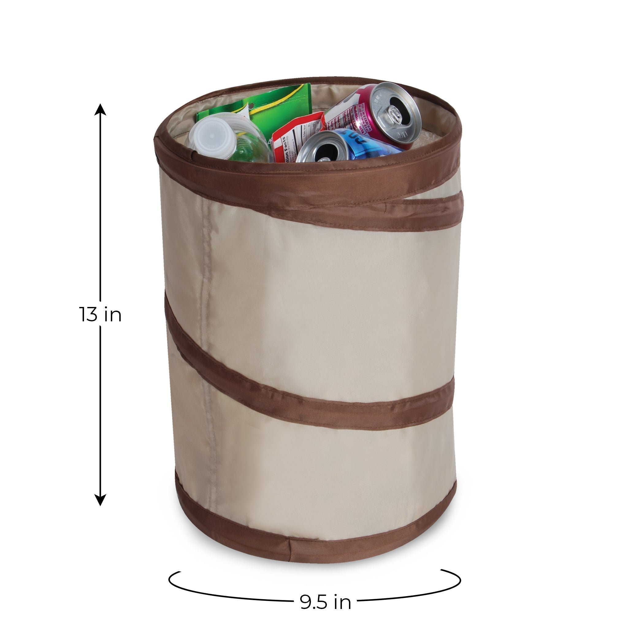 Spiral Pop Up Trash Bin with Open Top - Beige with Dark Brown Trim