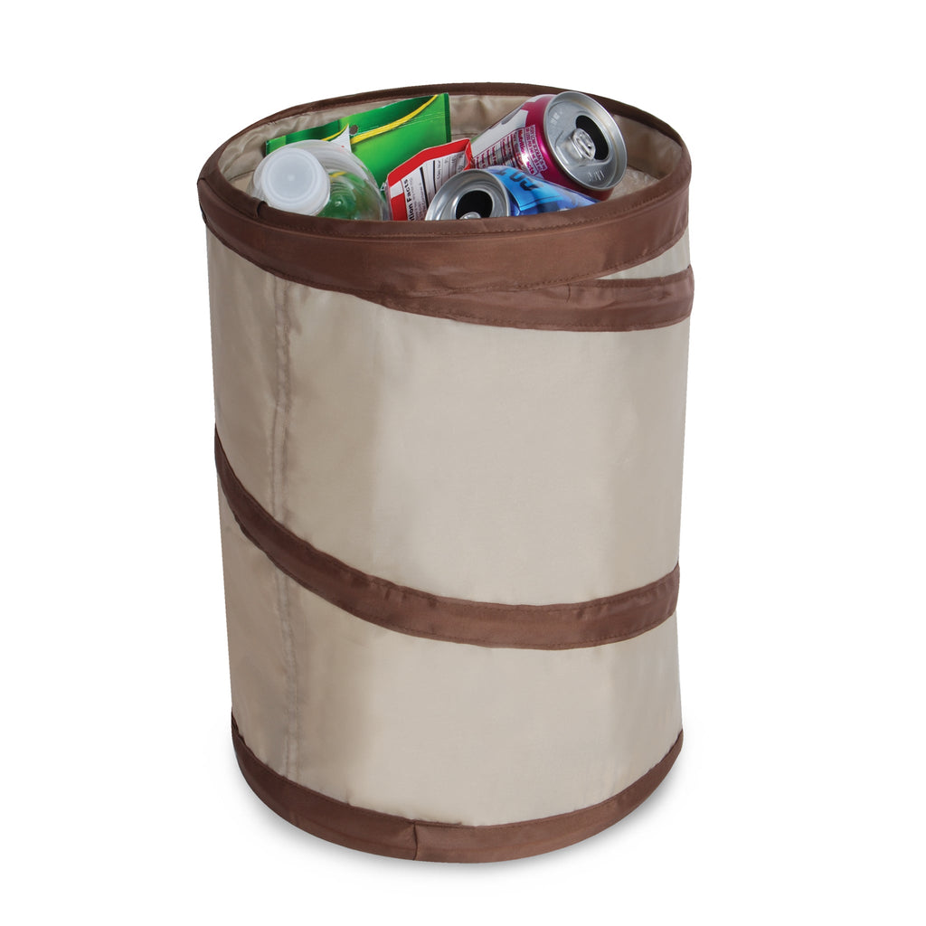 Spiral Pop Up Trash Bin with Open Top - Beige with Dark Brown Trim