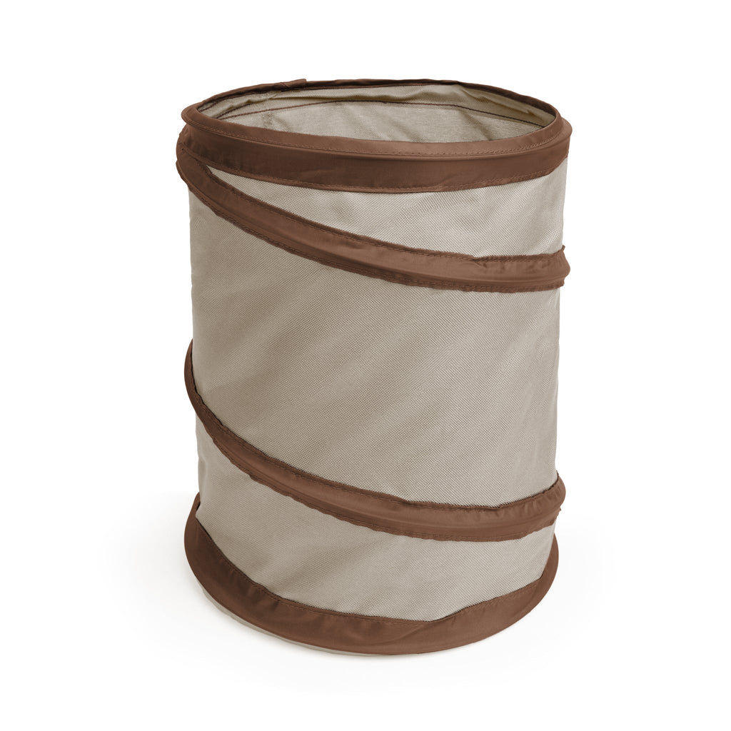 Spiral Pop Up Trash Bin with Open Top - Beige with Dark Brown Trim
