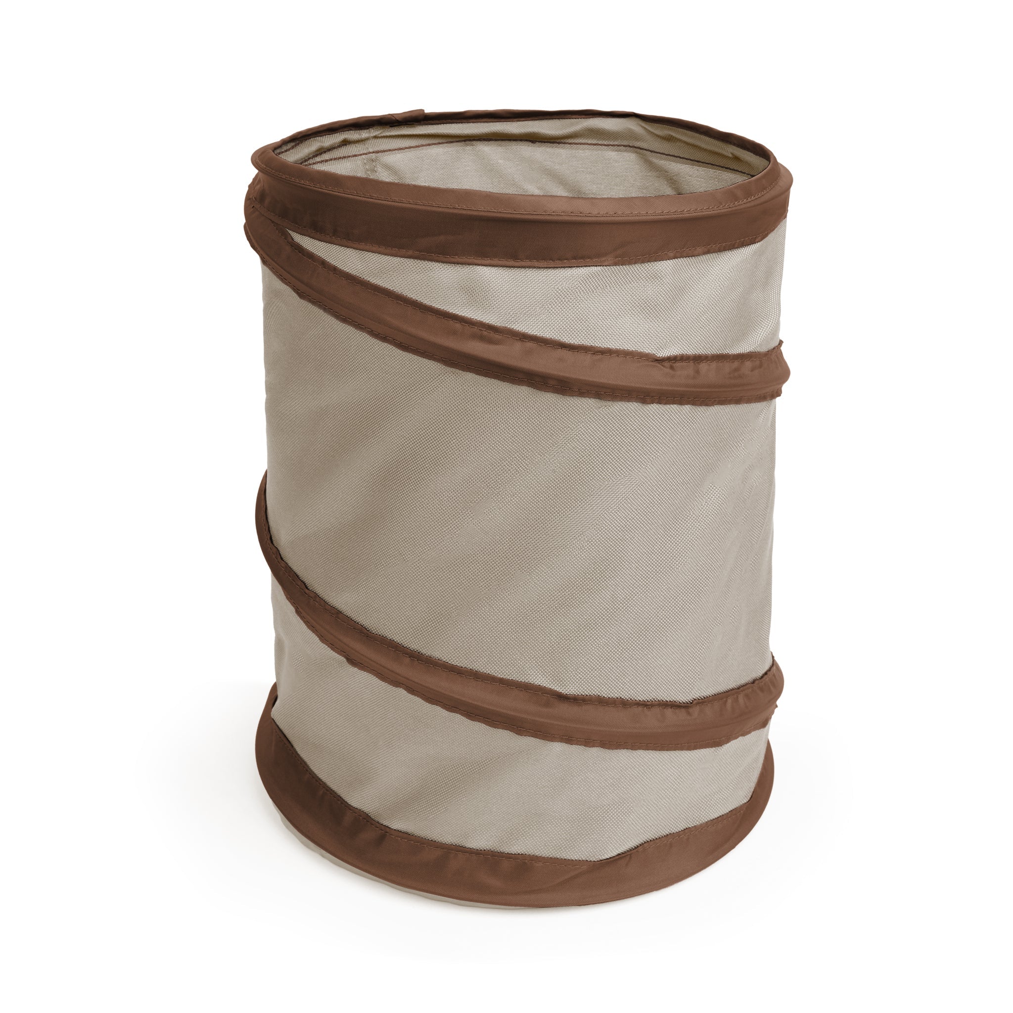 Spiral Pop Up Trash Bin with Open Top - Beige with Dark Brown Trim