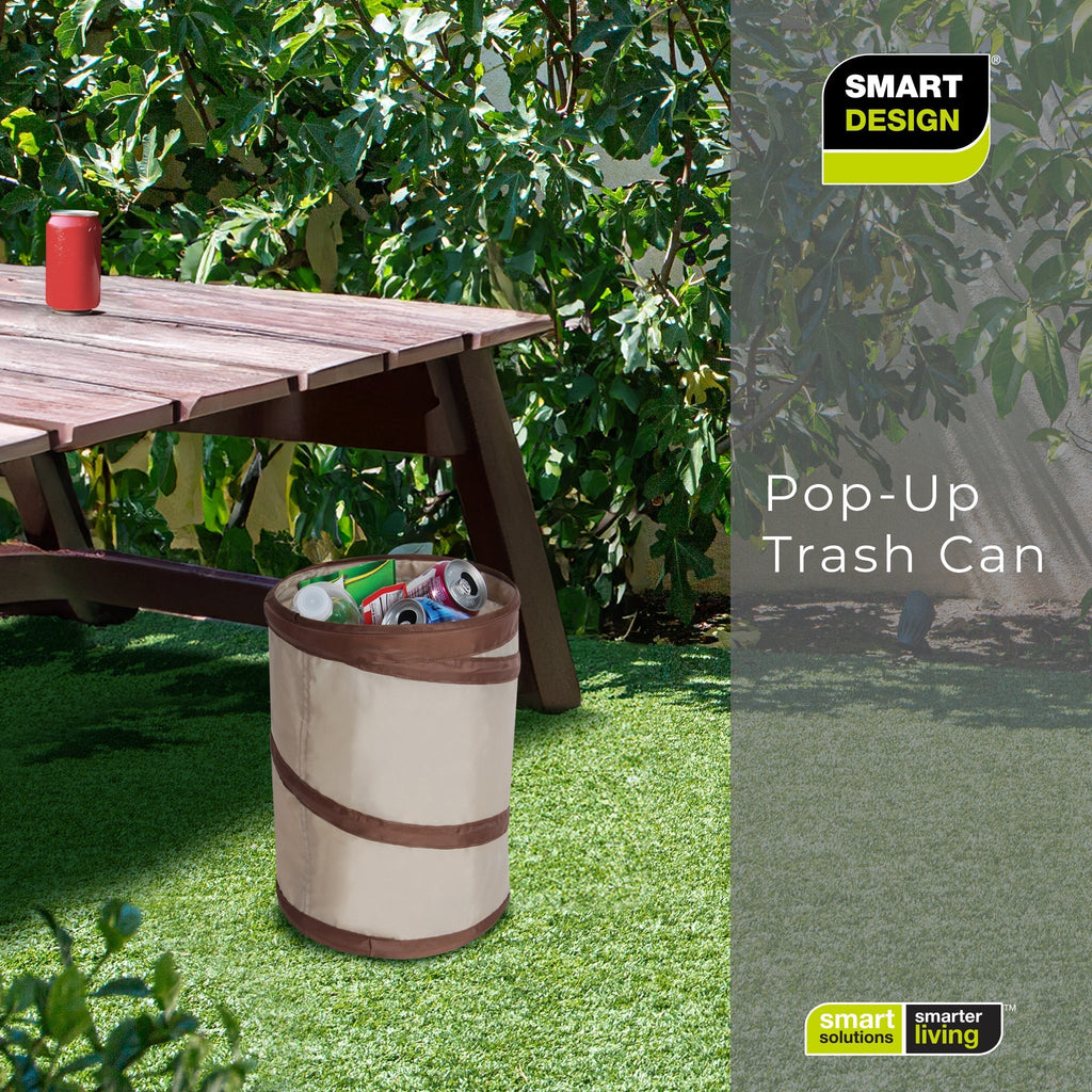 Spiral Pop Up Trash Bin with Open Top - Beige with Dark Brown Trim