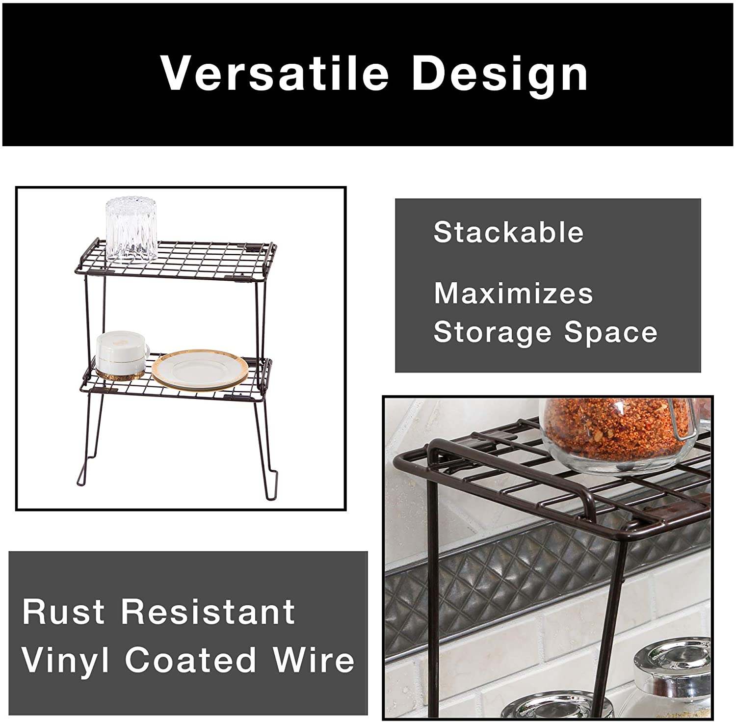 Stacking Cabinet Shelf Rack - Small (12 x 7 Inch) - Steel Metal Wire - Cupboard, Plate, Dish, Counter & Pantry Organizer Organization