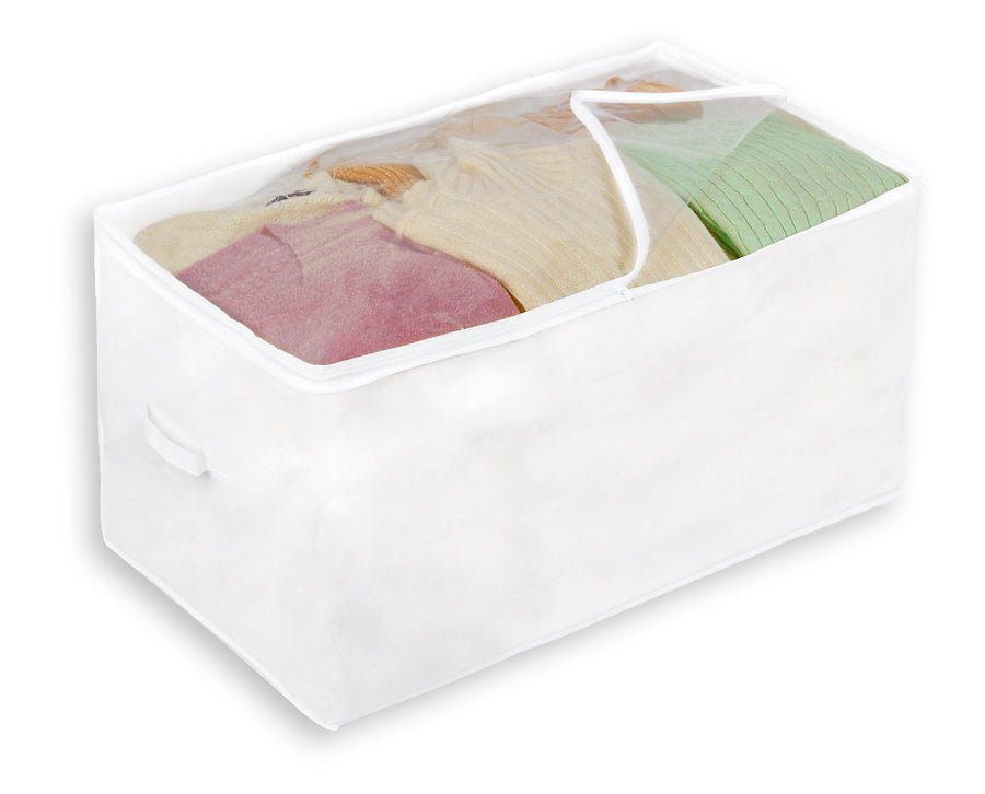 Storage Chest Organizer with Zipper, Handle, and Clear Window - White